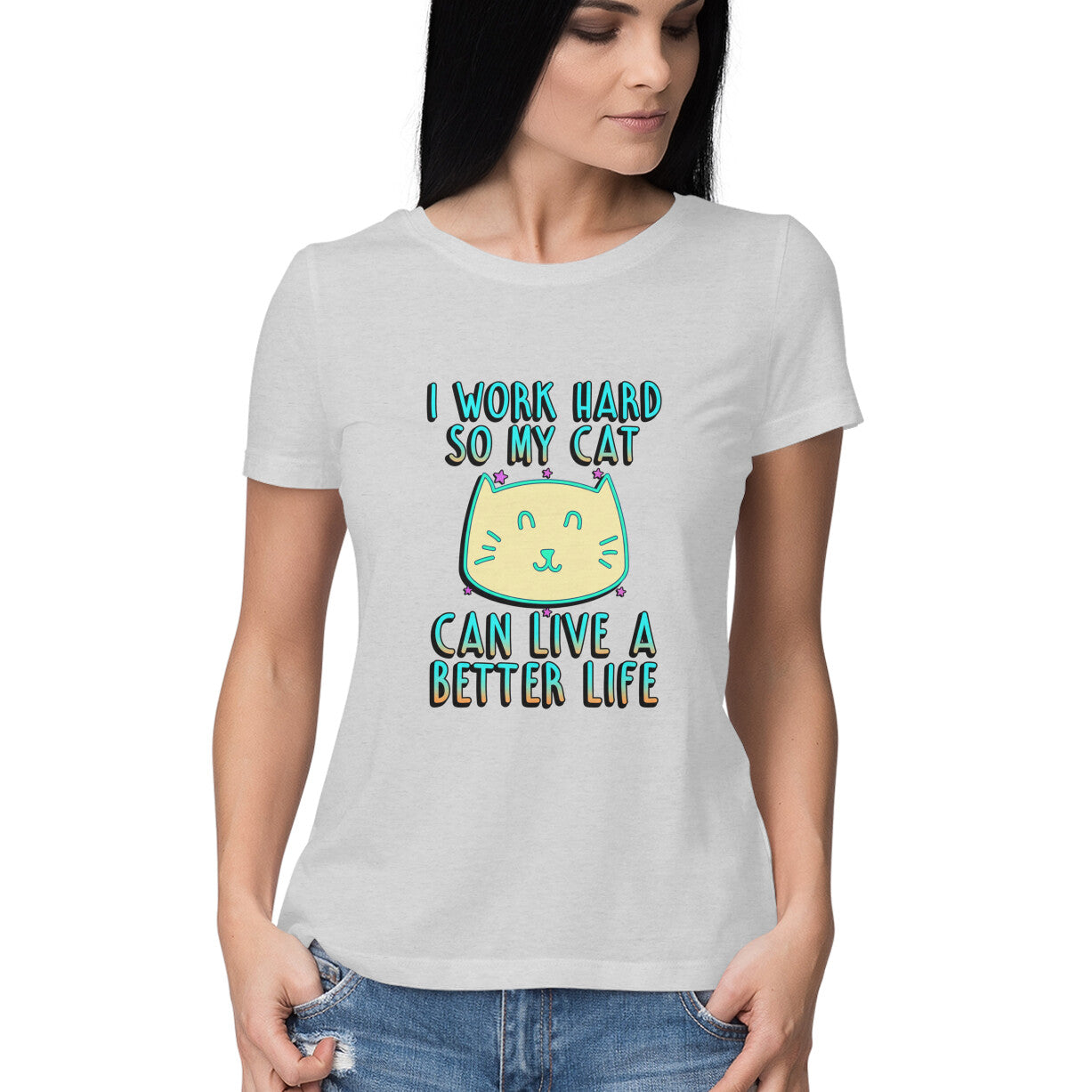 Melange Grey I Work Hard So My Cat Can Live A Better Life - Neon Cat Lover TShirt Tshirt