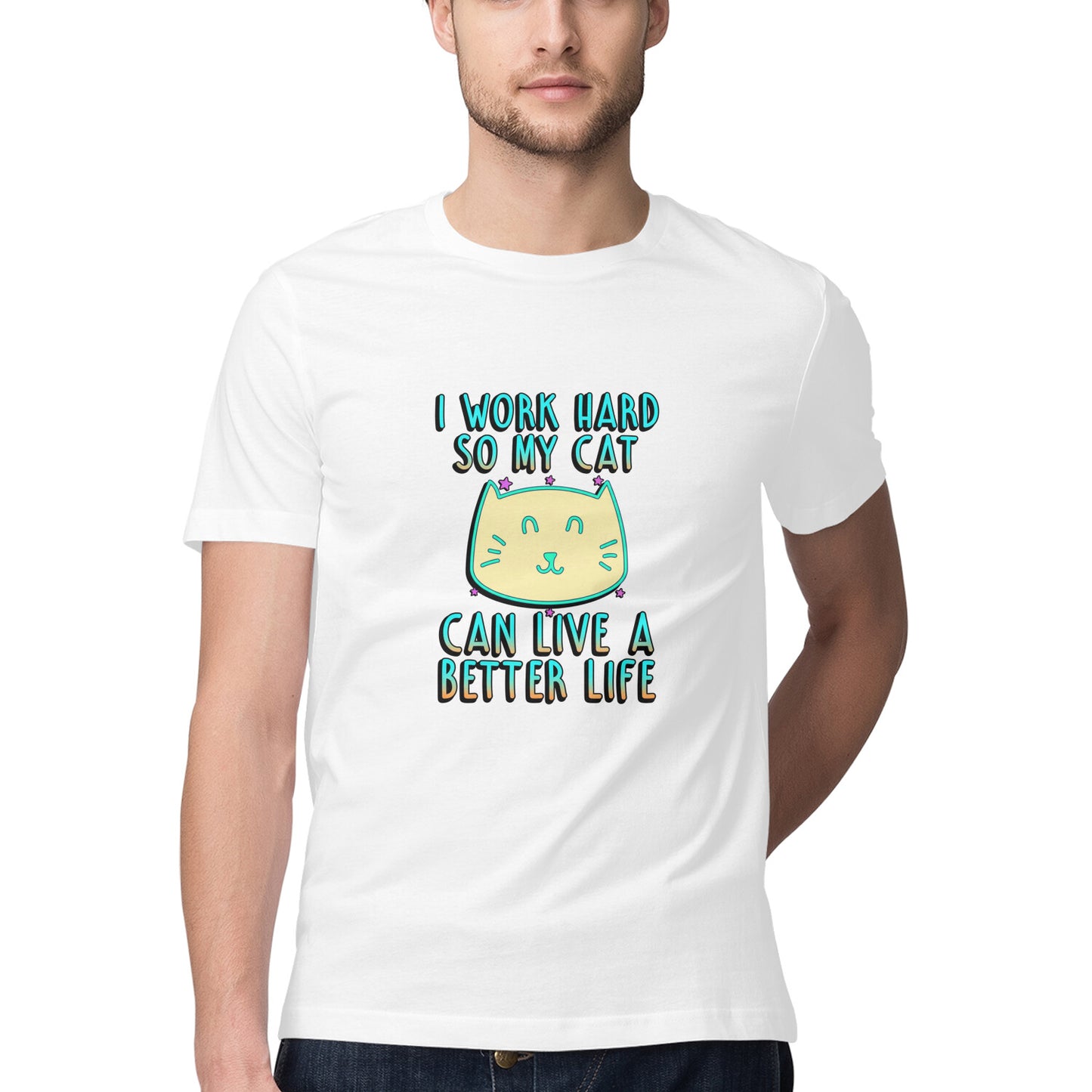 White I Work Hard So My Cat Can Live A Better Life - Neon Cat Lover TShirt Tshirt