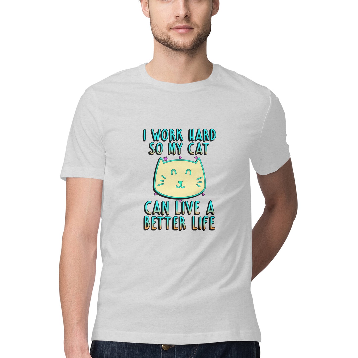 Melange Grey I Work Hard So My Cat Can Live A Better Life - Neon Cat Lover TShirt Tshirt