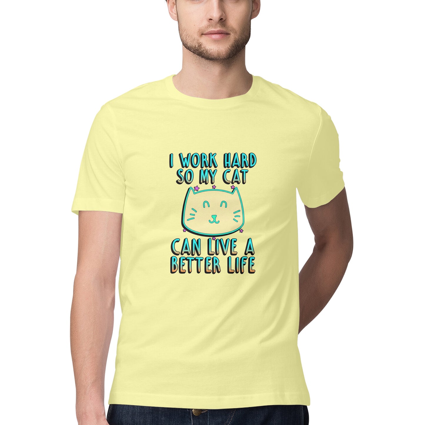 Butter Yellow I Work Hard So My Cat Can Live A Better Life - Neon Cat Lover TShirt Tshirt