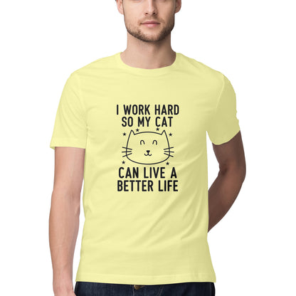 Butter Yellow I Work Hard So My Cat Can Live A Better Life - Funny Pet Parent Quote| Minimalist Cat Outline Tshirt