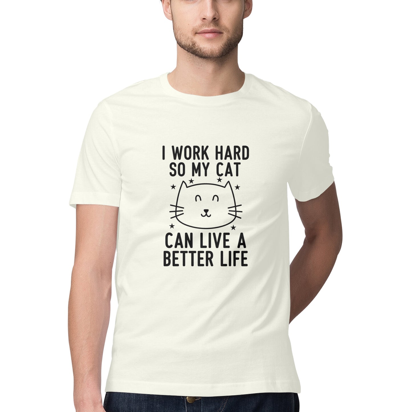 Ivory I Work Hard So My Cat Can Live A Better Life - Funny Pet Parent Quote| Minimalist Cat Outline Tshirt
