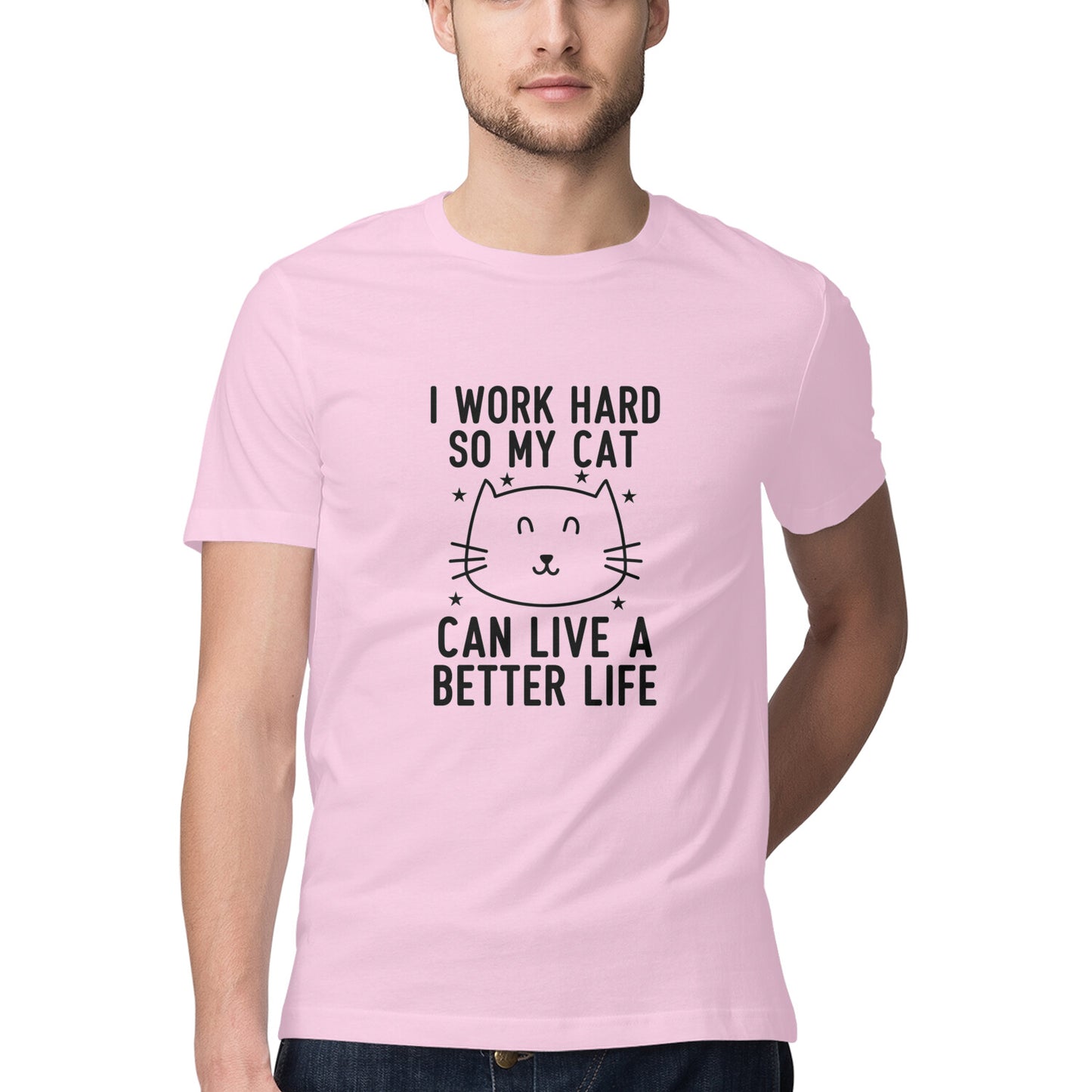 Light Pink I Work Hard So My Cat Can Live A Better Life - Funny Pet Parent Quote| Minimalist Cat Outline Tshirt