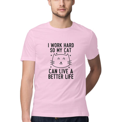 Light Pink I Work Hard So My Cat Can Live A Better Life - Funny Pet Parent Quote| Minimalist Cat Outline Tshirt