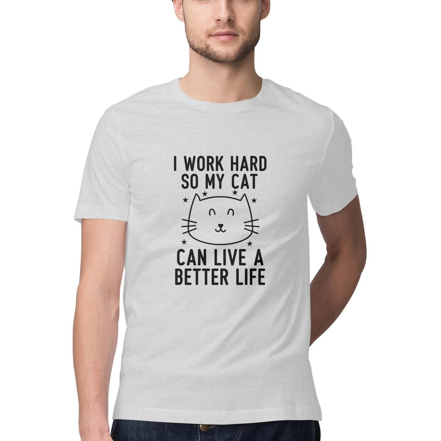Melange Grey I Work Hard So My Cat Can Live A Better Life - Funny Pet Parent Quote| Minimalist Cat Outline Tshirt
