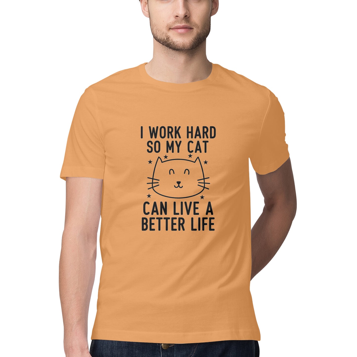Mustard Yellow I Work Hard So My Cat Can Live A Better Life - Funny Pet Parent Quote| Minimalist Cat Outline Tshirt