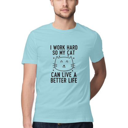 Surf Blue I Work Hard So My Cat Can Live A Better Life - Funny Pet Parent Quote| Minimalist Cat Outline Tshirt