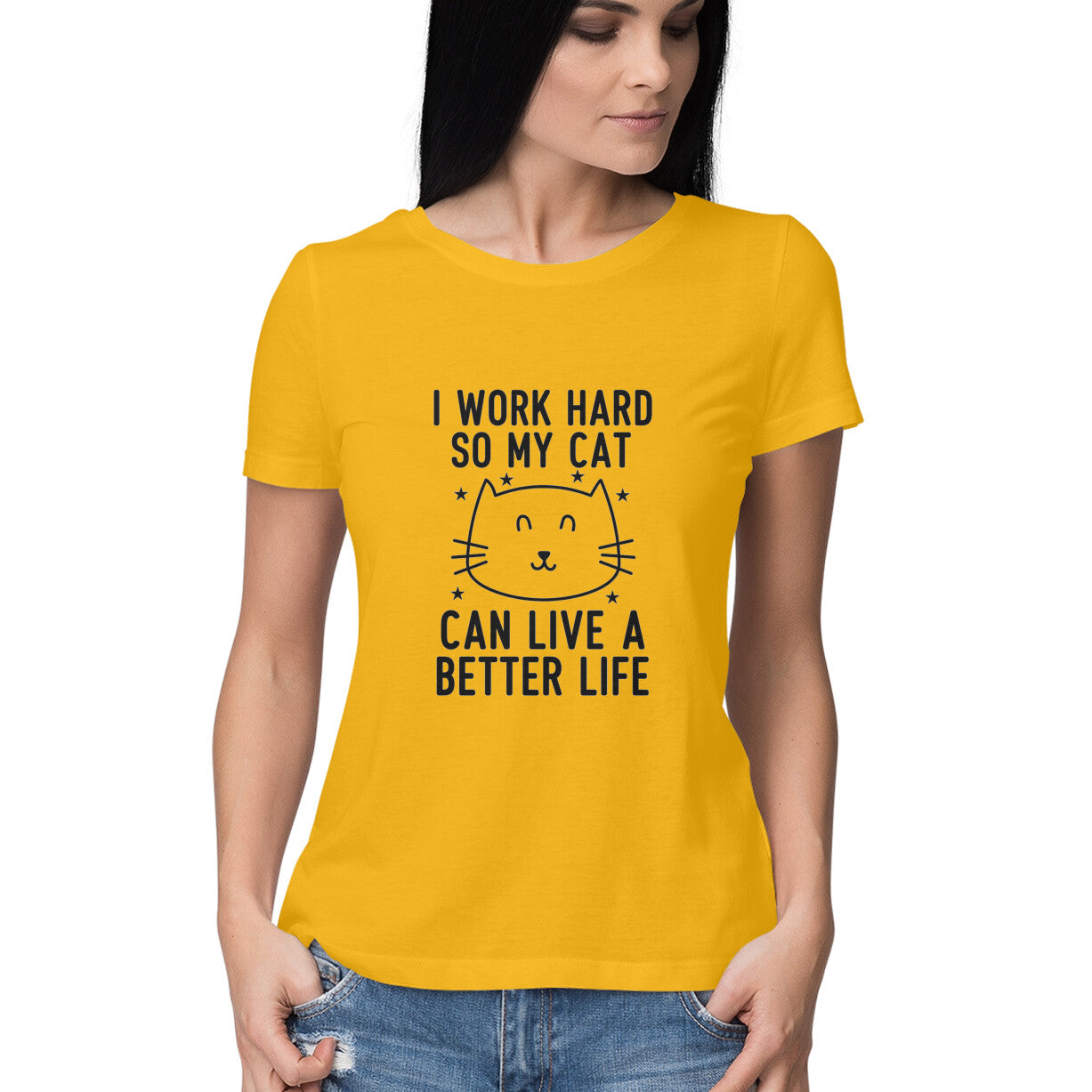 Golden Yellow I Work Hard So My Cat Can Live A Better Life - Funny Pet Parent Quote TShirt| Minimalist Cat Outline Tshirt