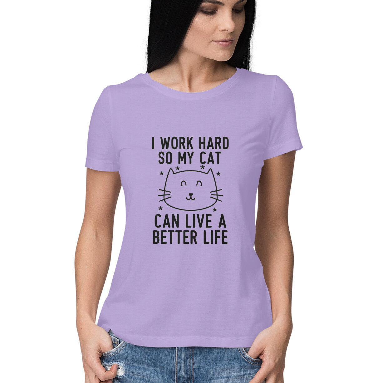 Iris Lavender I Work Hard So My Cat Can Live A Better Life - Funny Pet Parent Quote TShirt| Minimalist Cat Outline Tshirt