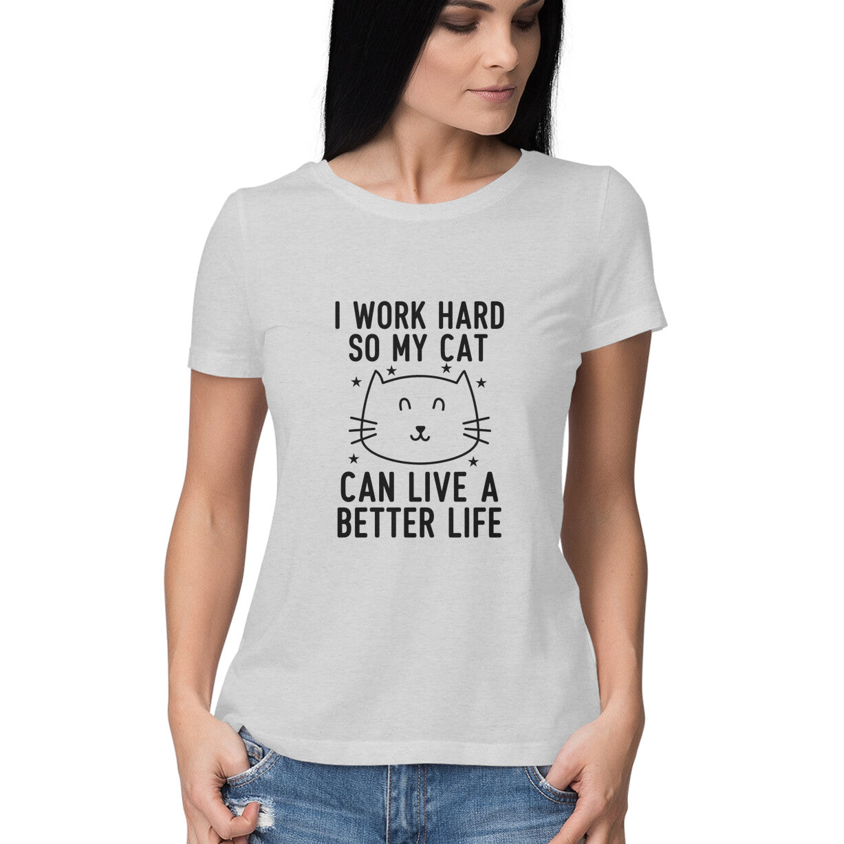 Melange Grey I Work Hard So My Cat Can Live A Better Life - Funny Pet Parent Quote TShirt| Minimalist Cat Outline Tshirt