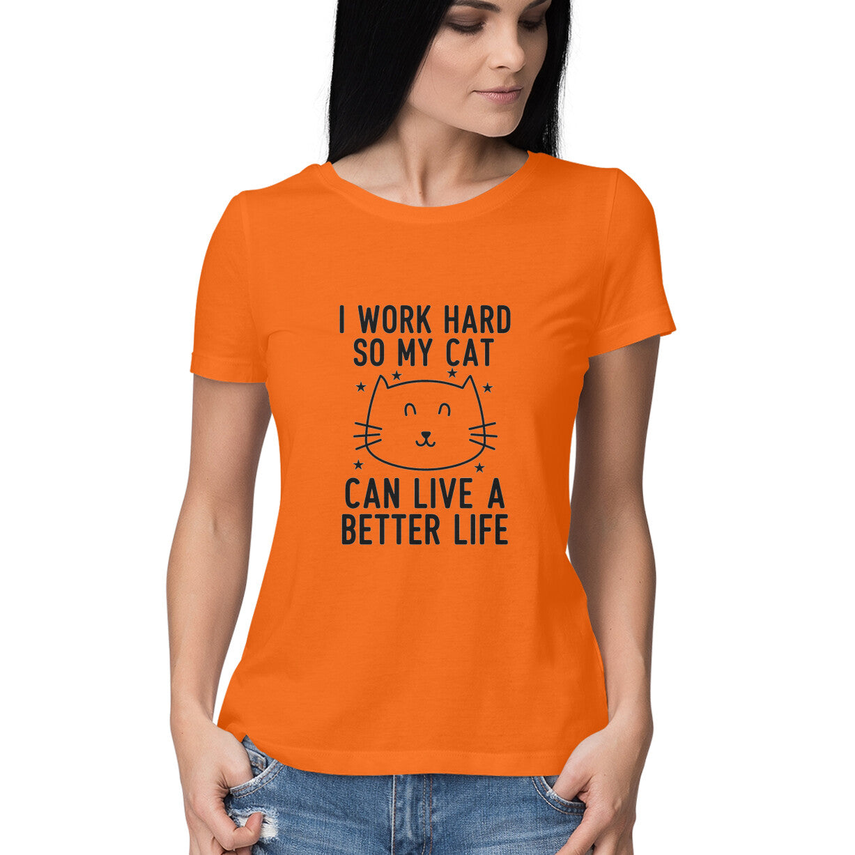 Orange I Work Hard So My Cat Can Live A Better Life - Funny Pet Parent Quote TShirt| Minimalist Cat Outline Tshirt