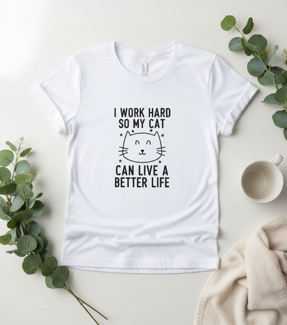 I Work Hard So My Cat Can Live A Better Life - Funny Pet Parent Quote TShirt| Minimalist Cat Outline Tshirt