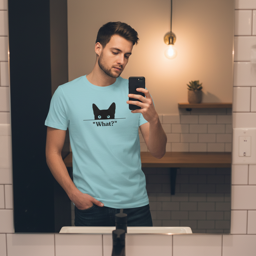 Peeking Black Cat 'What?' Funny Graphic Men's T-Shirt Tshirt