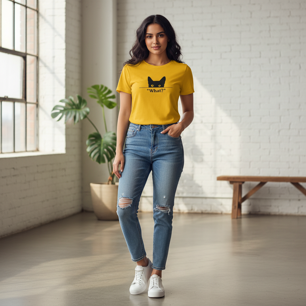 Peeking Black Cat "What?" TShirt - Funny Cat Mom Minimalist Women's Half Sleeve Tee Tshirt