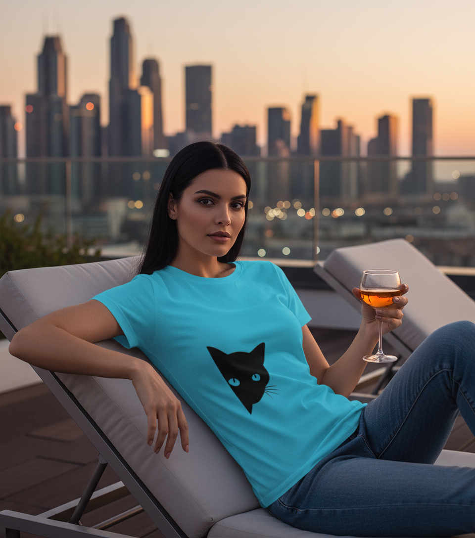 Minimalist Peeking Black Cat Women's Half Sleeve TShirt - Hidden Kitty Silhouette Tshirt