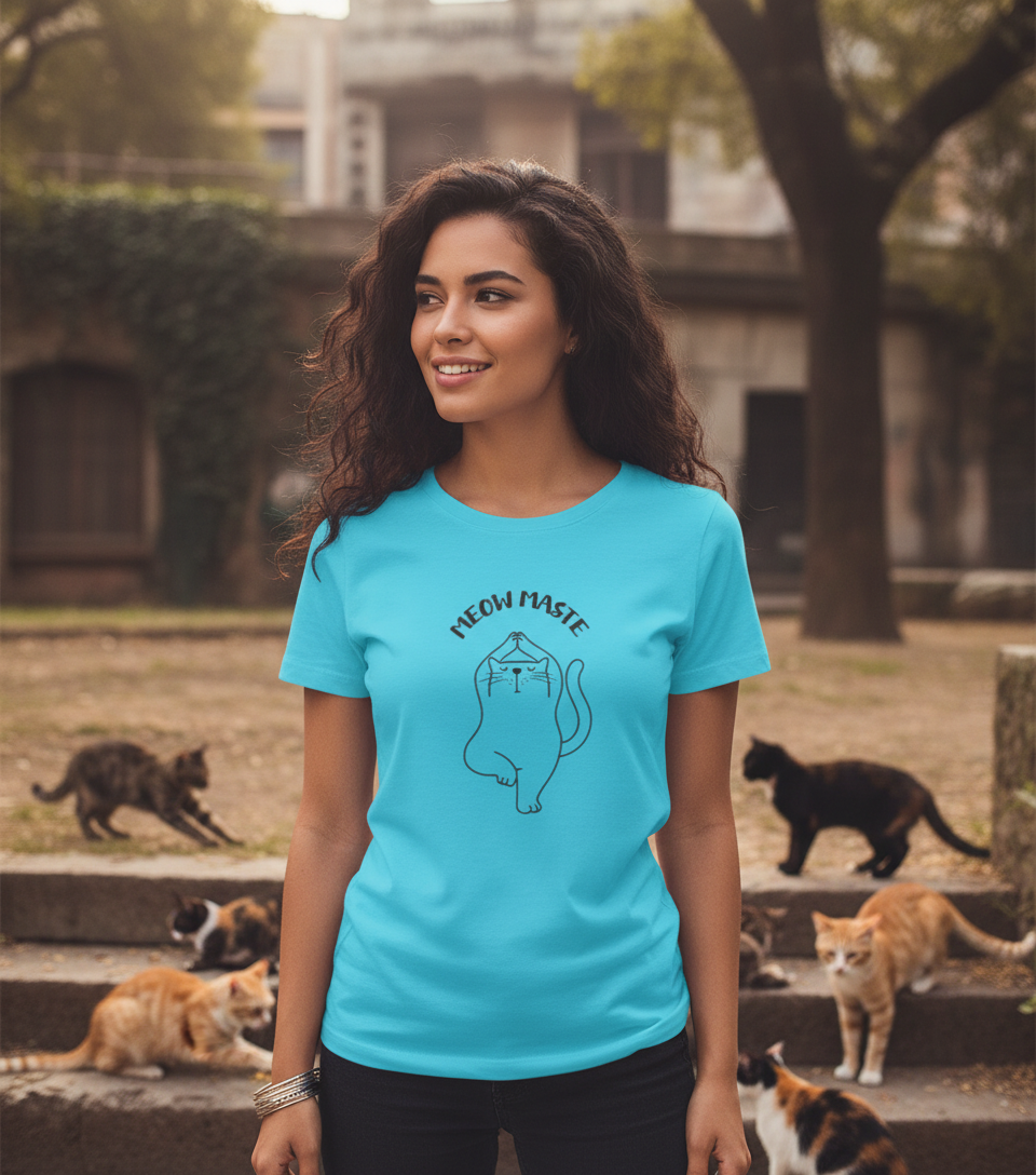 Meow Maste Cat Yoga T-shirt - Minimalist Zen Women's Half Sleeve Tee Tshirt