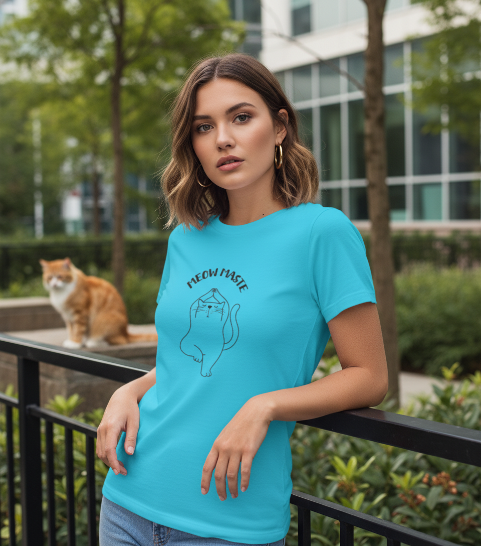Meow Maste Cat Yoga T-shirt - Minimalist Zen Women's Half Sleeve Tee Tshirt