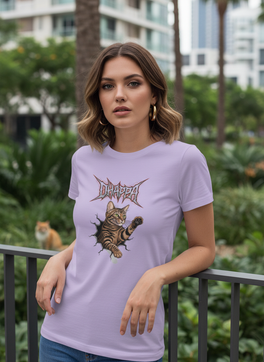 DHAPPA Cat Heavy Metal Logo Women's Half Sleeve TShirt - Funny Tabby Graphic Tee Tshirt