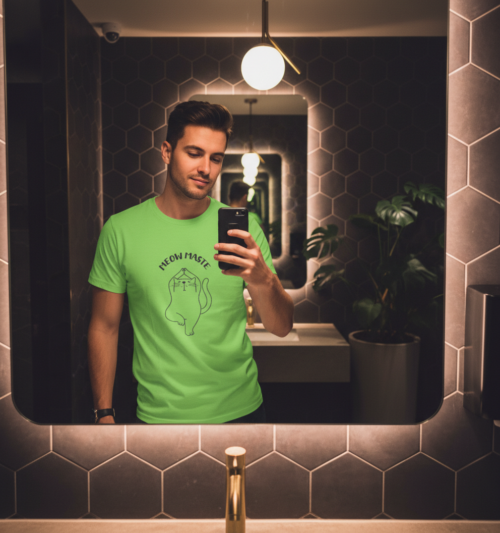 Meowmaste Yoga Cat T-Shirt for Men - Funny Fitness Line Art Tshirt