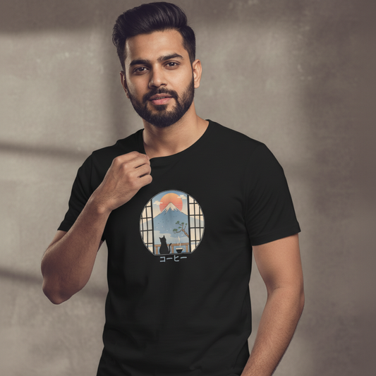 Men’s Round Neck Cotton T-Shirt with Japanese Cat & Mountain Art Print