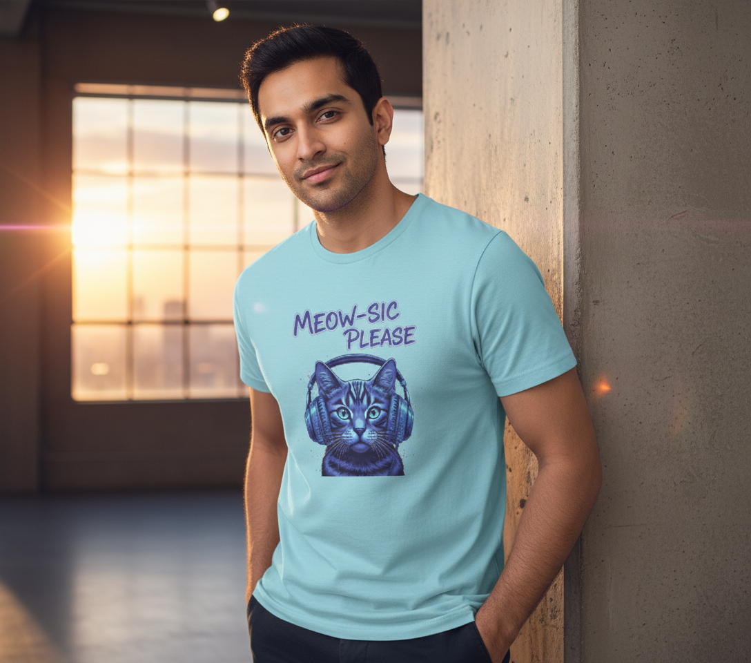 Meow-Sic Please Neon Cat DJ | Electric Blue Cyberpunk Kitten with Headphones Tshirt