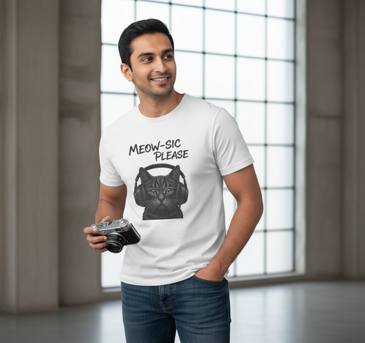 Meow-sic Please: Feline DJ Cat with Headphones Grayscale Art Tshirt