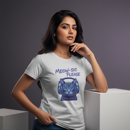 MEOW-SIC PLEASE DJ Cat Women's Tshirt - Electric Blue Funny Feline Tee Tshirt
