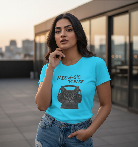 MEOW-SIC PLEASE DJ Cat Women's Tshirt - Electric Blue Funny Feline Tee Tshirt