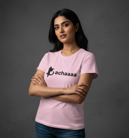 Minimalist Cat Logo 'Achaaaa' White Line Art Women's T-Shirt Tshirt