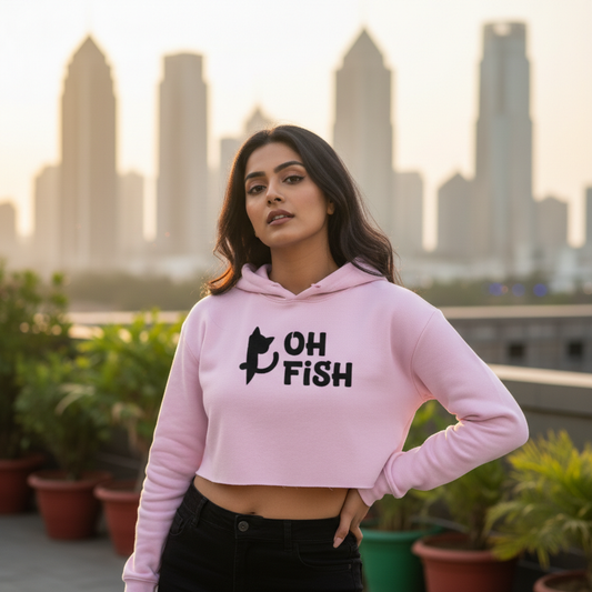 OH FISH Funny Cat Quote Women's Crop Hoodie - Minimalist Black and White Hoodies