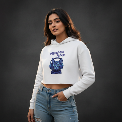 Neon DJ Cat Crop Hoodie - Meowsic Please Streetwear for Women Hoodies