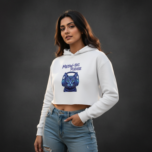 Neon DJ Cat Crop Hoodie - Meowsic Please Streetwear for Women Hoodies
