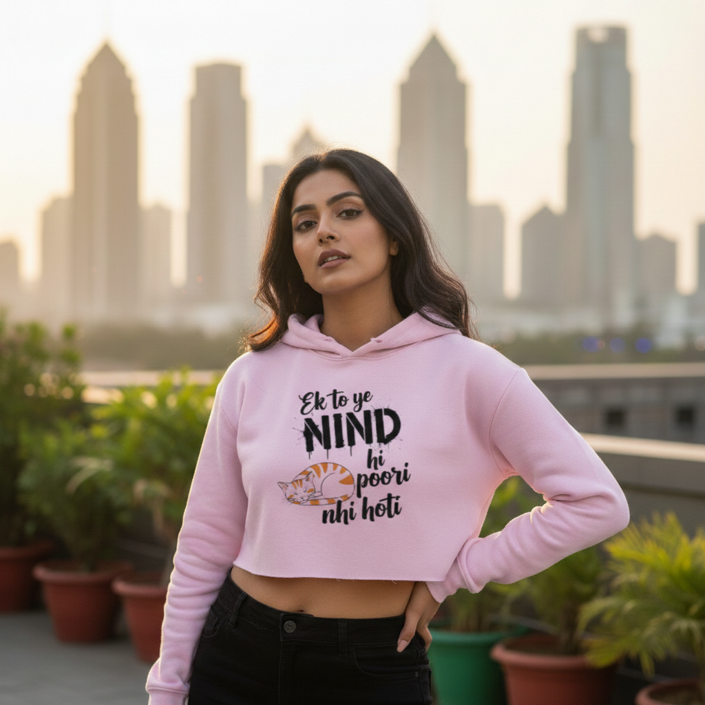 Ek to ye NIND hi poori nhi hoti Crop Hoodie | Sleeping Cat Women's Apparel Hoodies