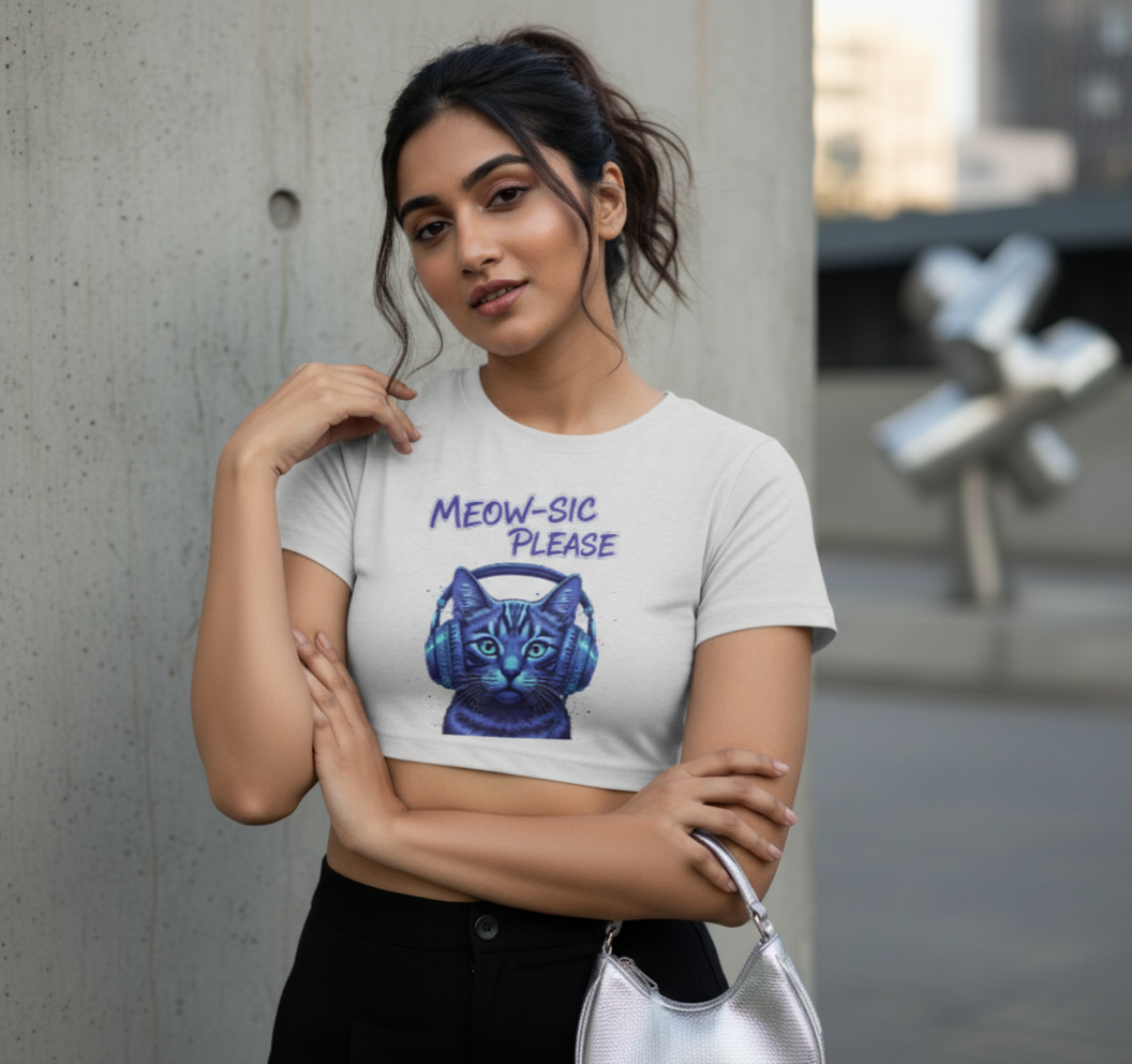 Meow-sic Please DJ Cat Crop Top | Neon Cyberpunk Cat Graphic Tee for Women Crop Top