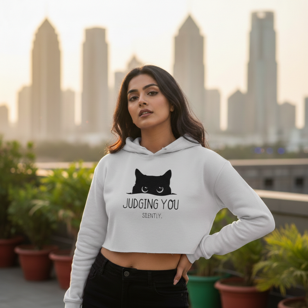 Peeking Cat "Judging You" Graphic Crop Hoodie Hoodies
